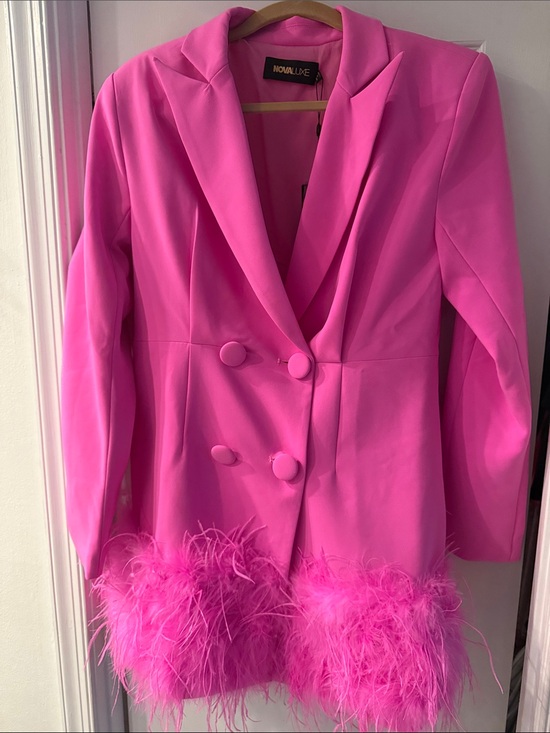 Fashion Nova Jackets & Blazers - Fashion Nova Hot Pink Feather-Hem Double-Breasted Blazer